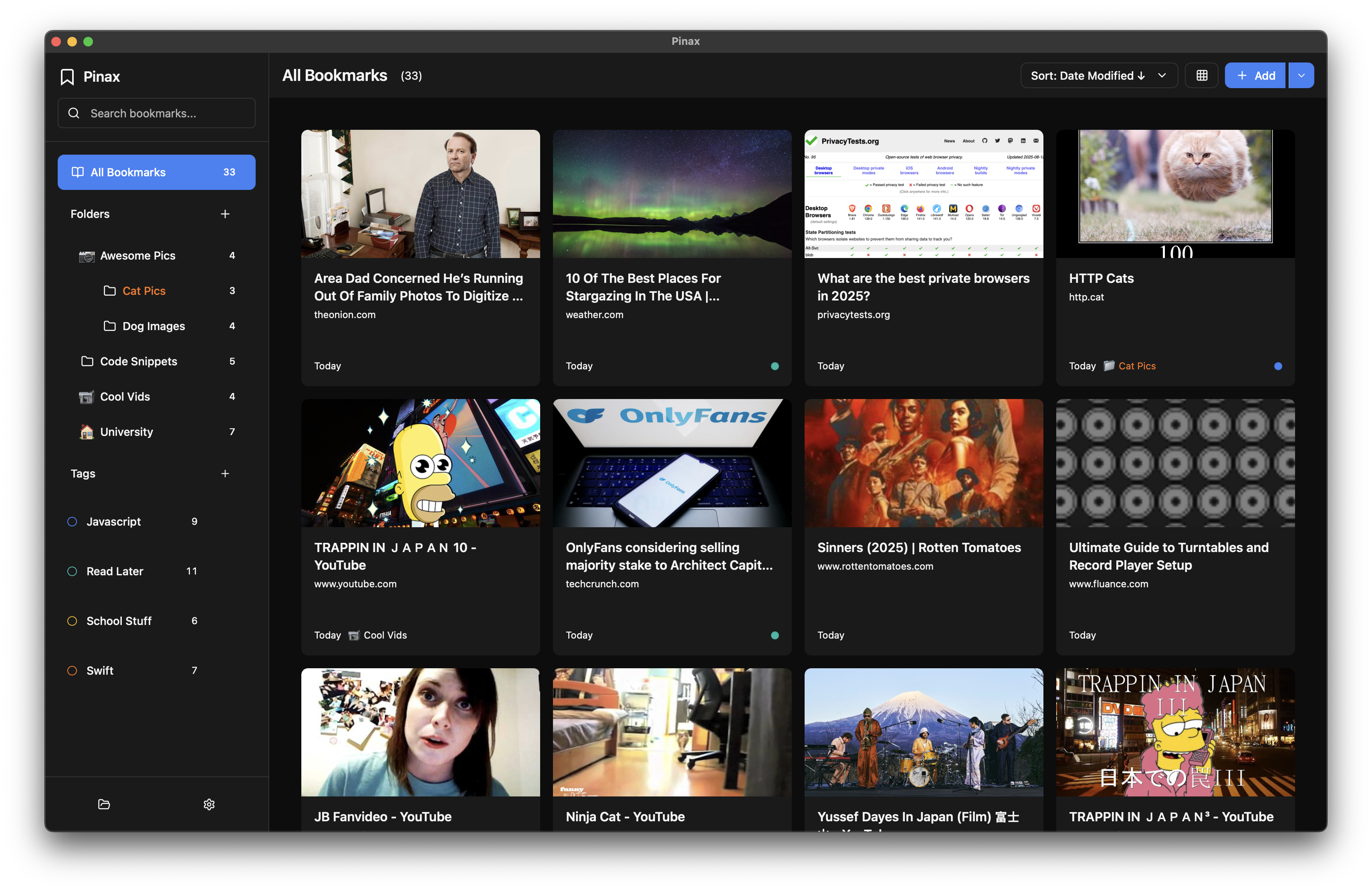 Pinax bookmark manager interface